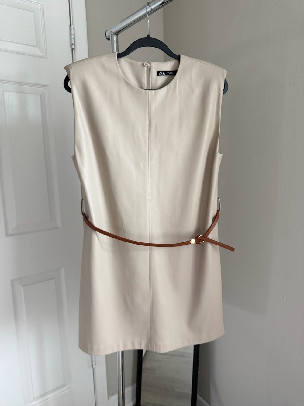 Zara Cream Faux-Leather Mini Dress with Brown Belt